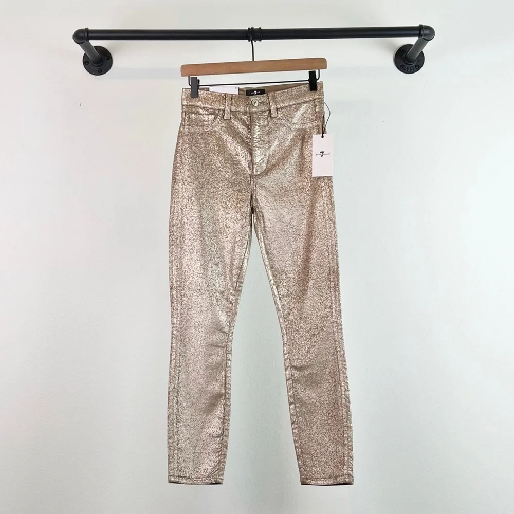 NWT 7 For All Mankind High Waist Skinny Ankle Jean Metallic Velvet Gold